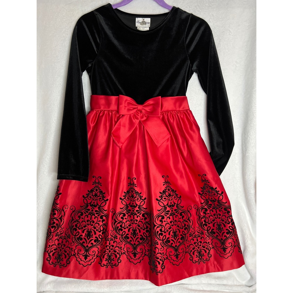 Rare Editions Girls Red Black Velvet Satin Damask Holiday Party Dress Size 14